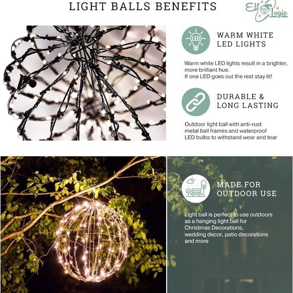 12” Outdoor/Indoor LED Christmas Light Ball with Automatic Timer. Durable, Water - Picture 8 of 9